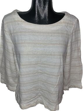 Sigrid Olsen Women's Linen Blend Cream & Tan Striped Boatneck Top Size L